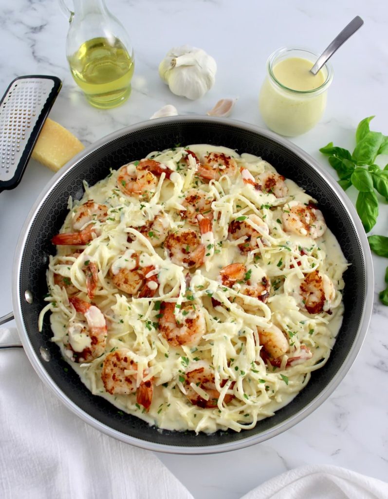 overhead view of Keto Shrimp Alfredo in skillet