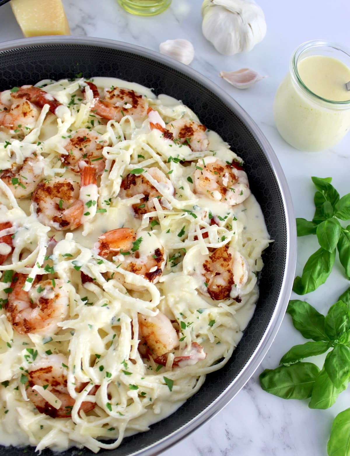 closeup of Keto Shrimp Alfredo in skillet