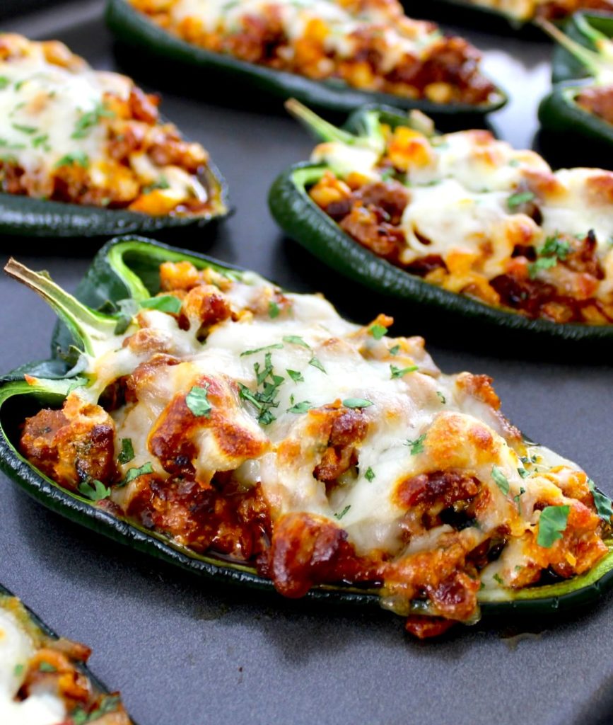 Keto Stuffed Poblano Peppers on baking sheet