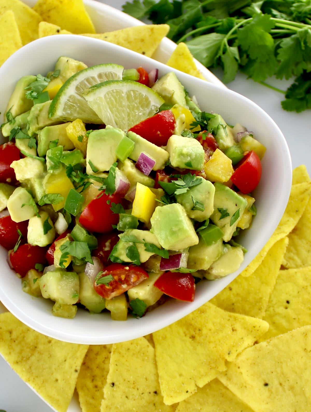 Avocado Salsa in white bowl with yellow tortilla chips around