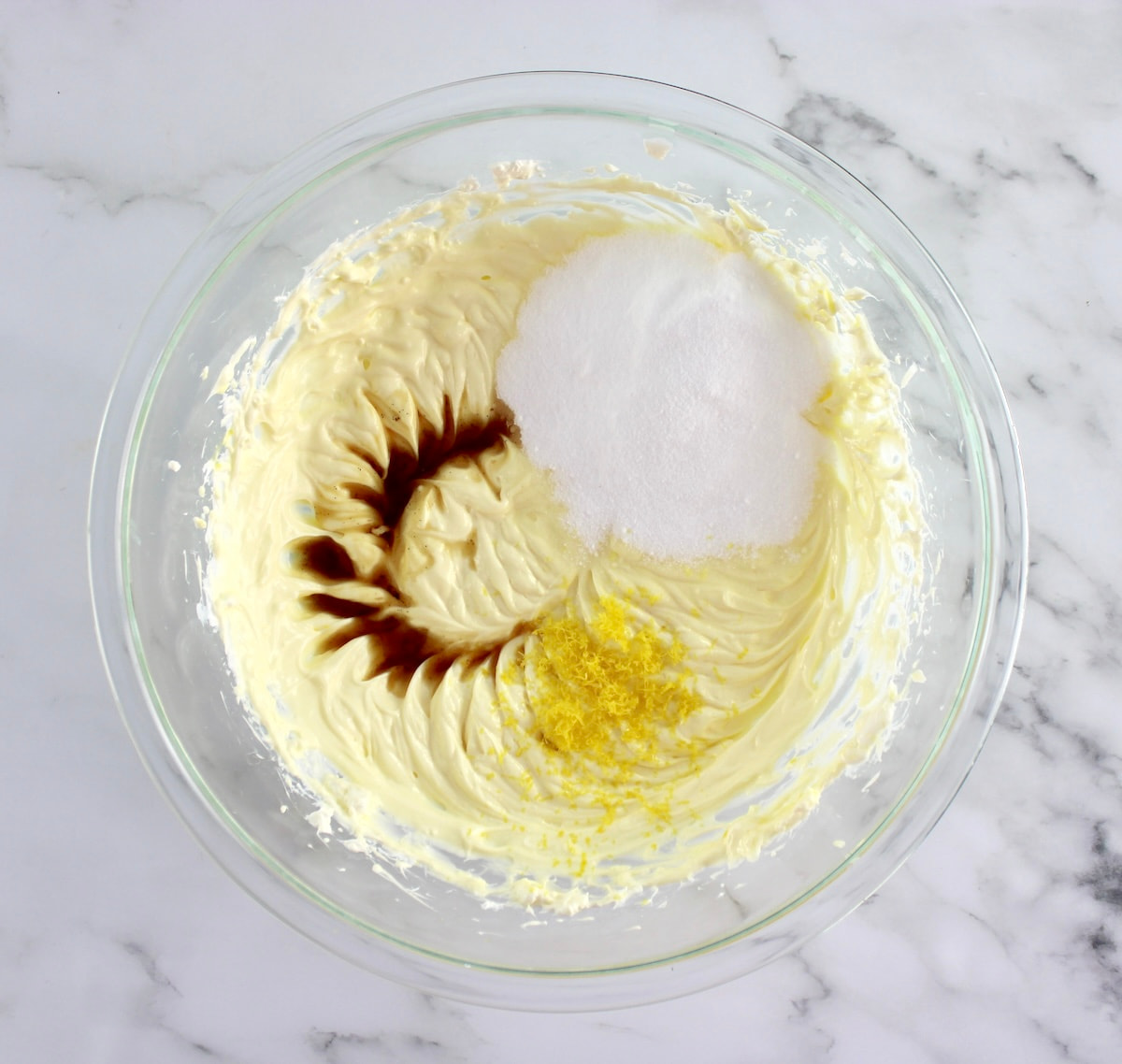 Blackberry Cheesecake Bars batter in mixing bowl unmixed