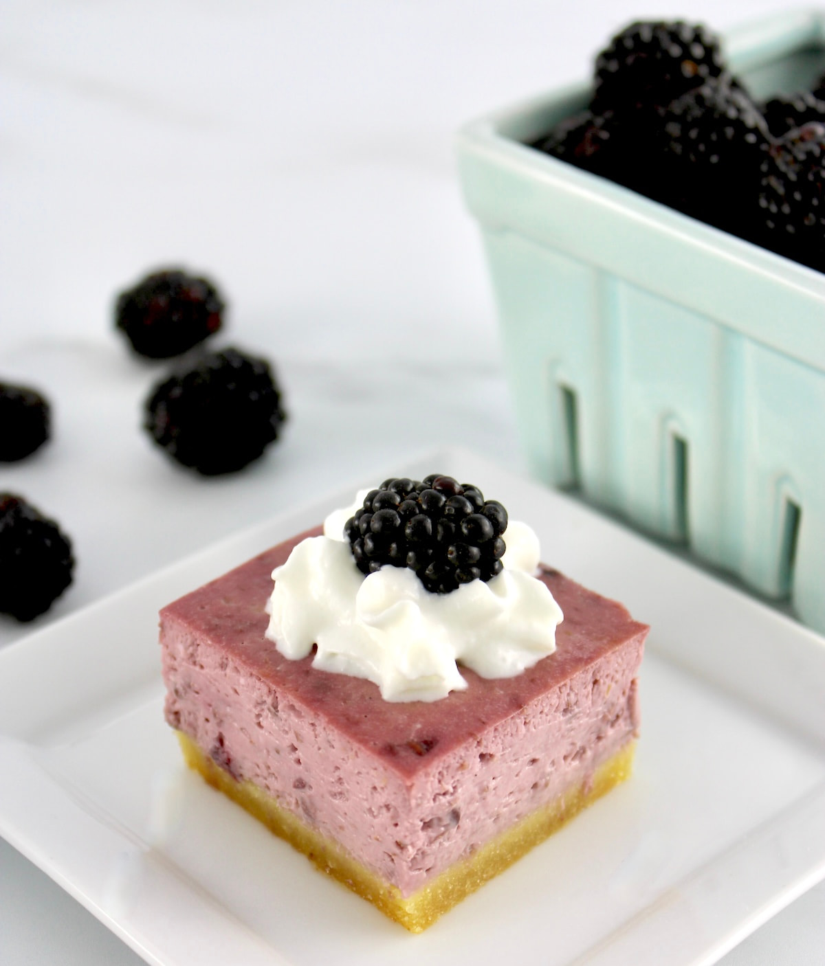 closeup of Blackberry Cheesecake Bar on white plate with whip cream and blackberry on top and in background
