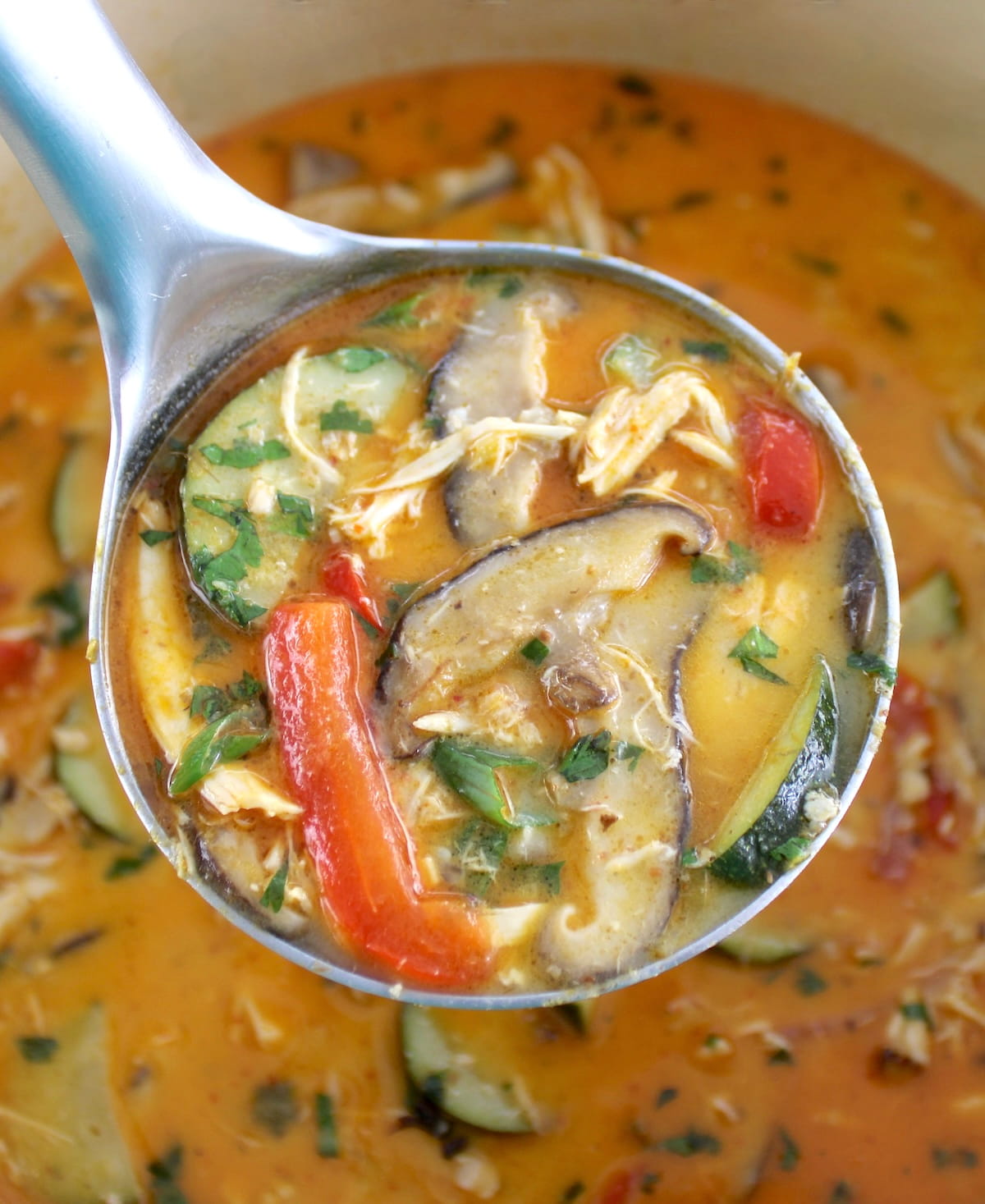 ladle full of Thai Coconut Curry Chicken Soup held up over pot