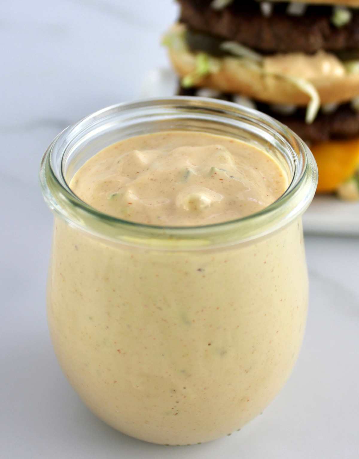 closeup of Keto Big Mac Sauce in open glass jar