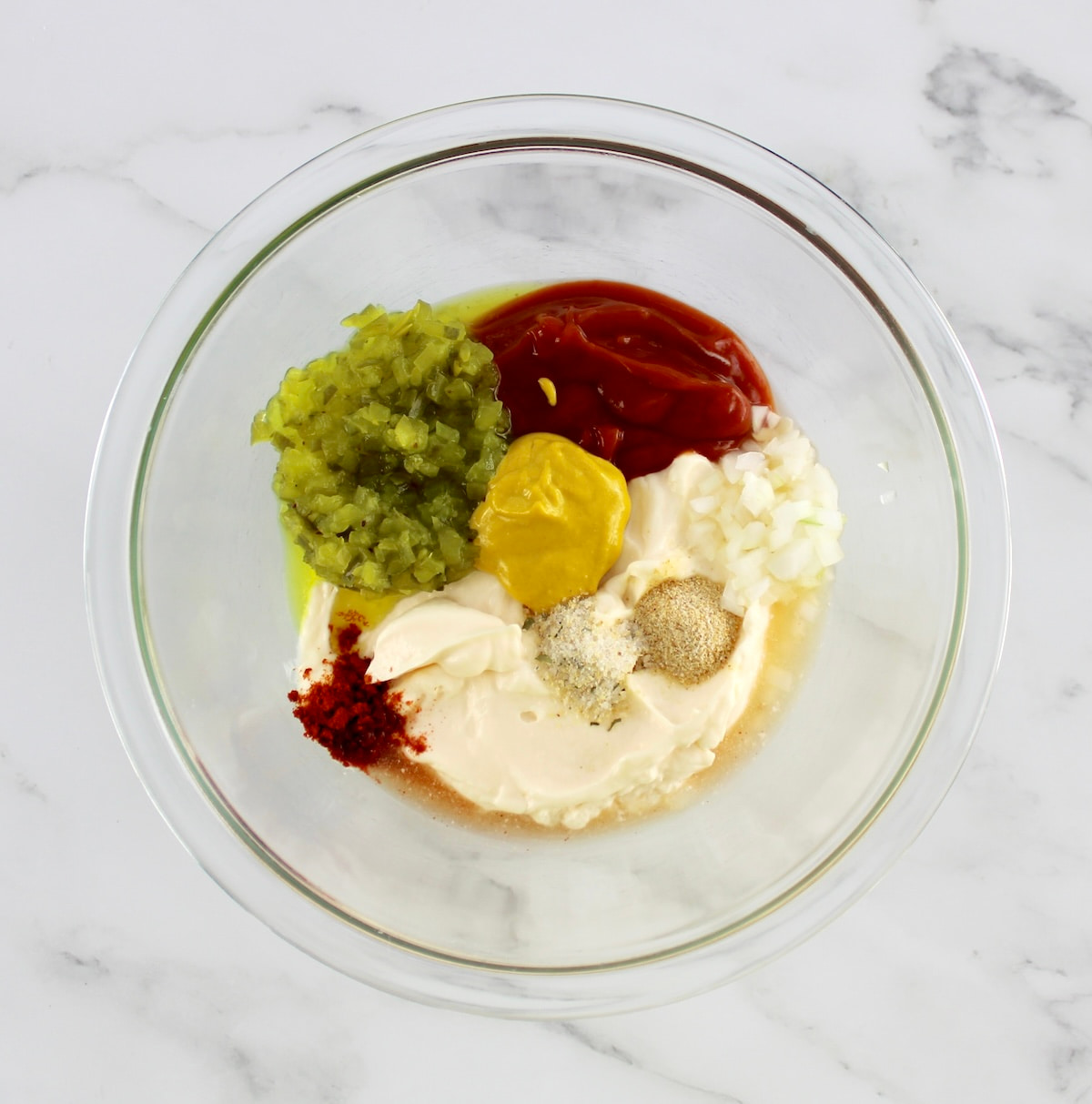 Big Mac Sauce ingredients in glass bowl unmixed