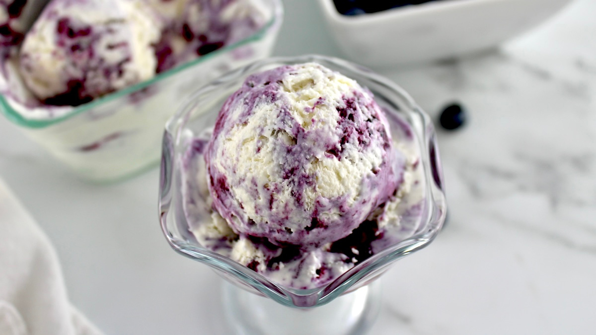 Blueberry Vanilla Swirl Ice Cream in glass dish