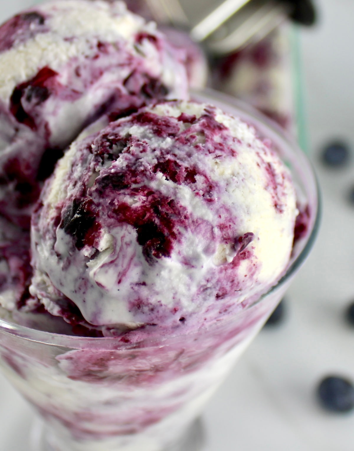 closeup of Blueberry Vanilla Swirl Ice Cream in glass