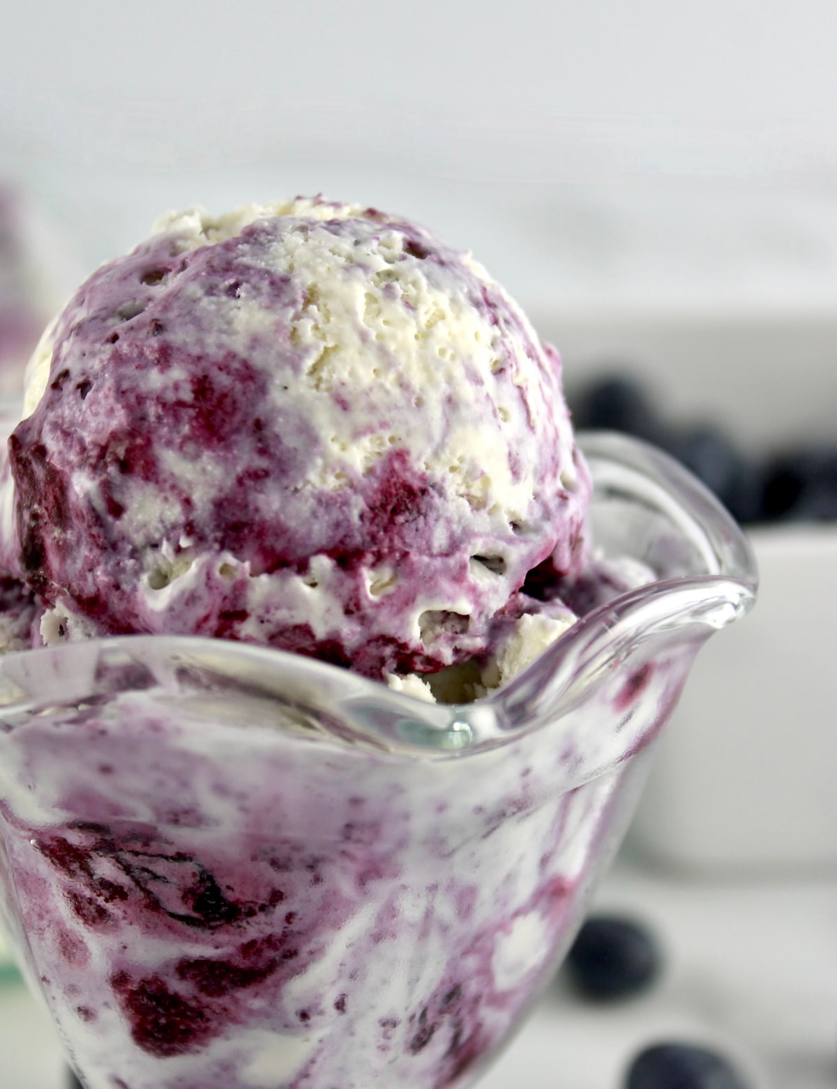 closeup of Blueberry Vanilla Swirl Ice Cream in glass