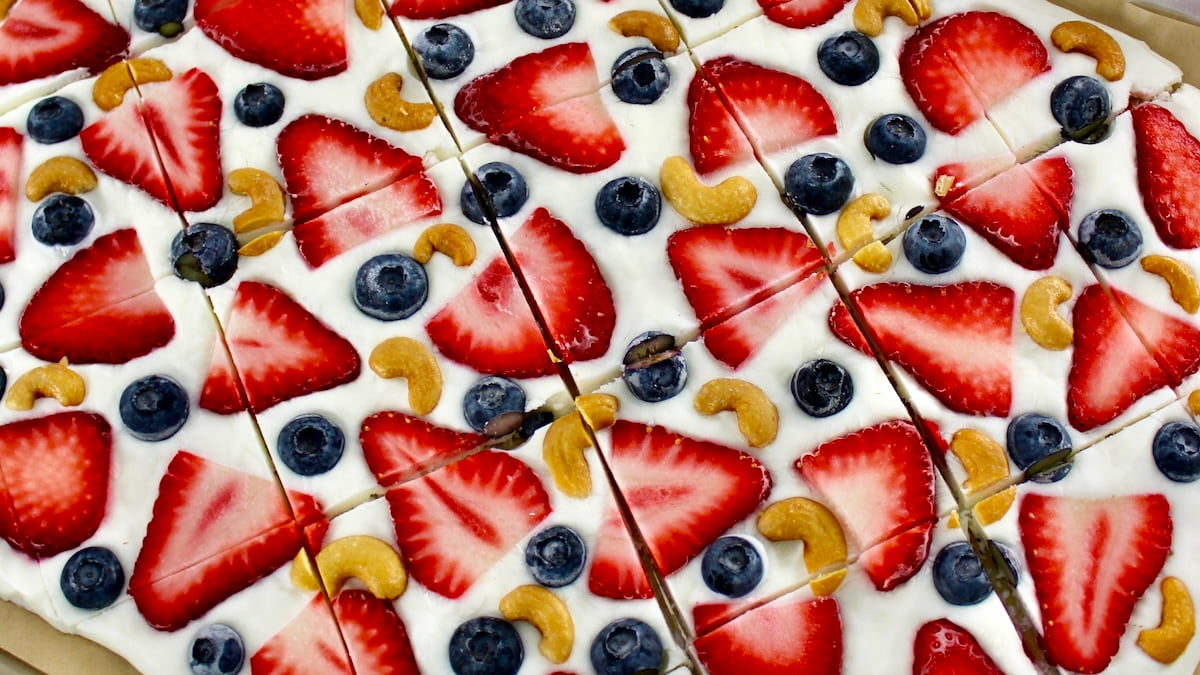 closeup of Frozen Yogurt Berry Bark cut into pieces