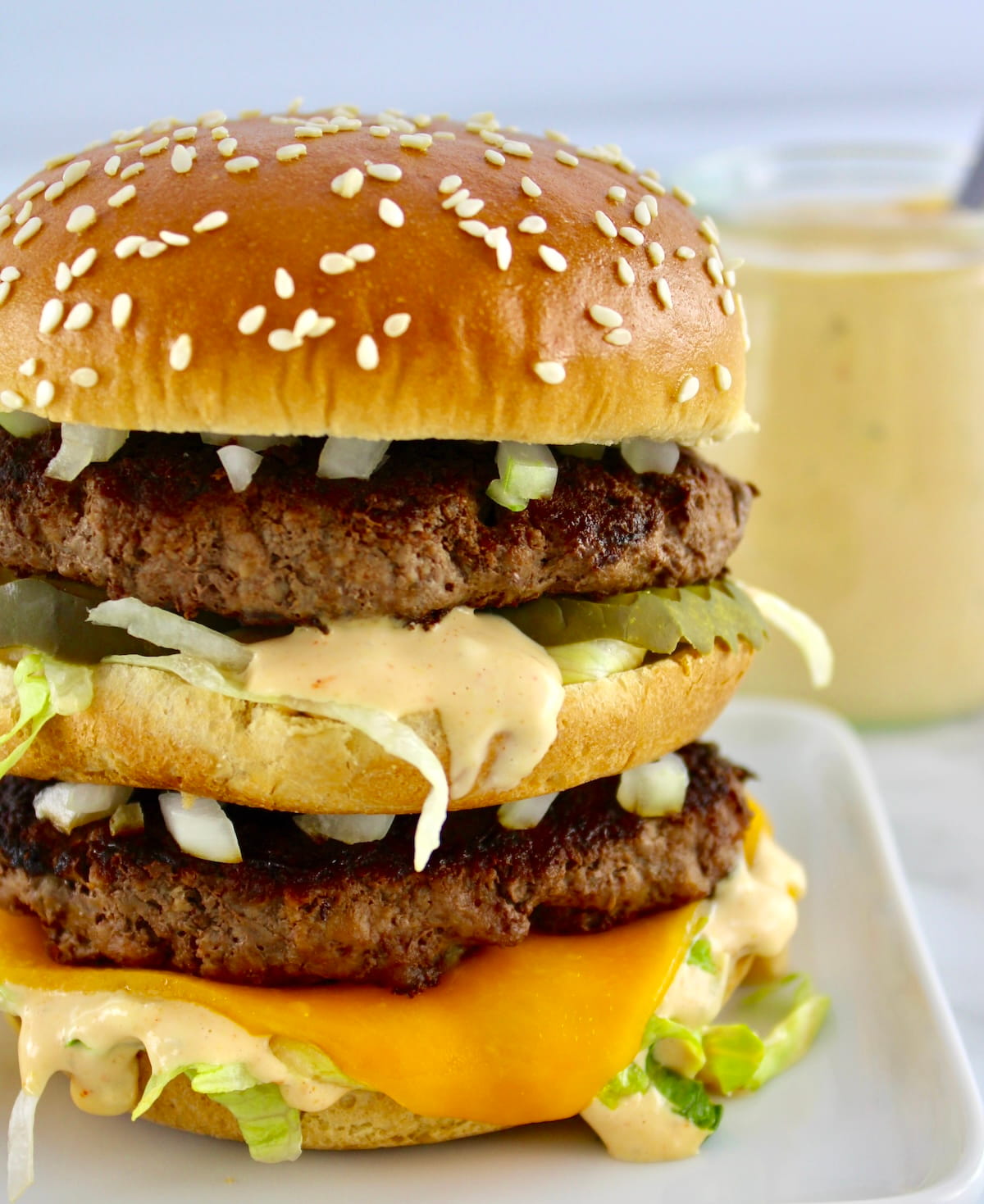 closeup of Keto Big Mac on white plate