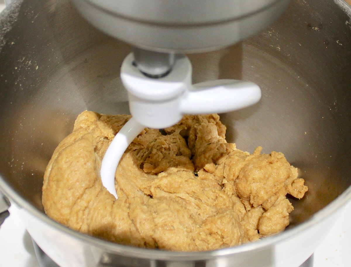 Keto Brioche Bread dough in stand mixer with dough hook