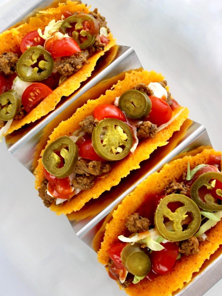 Keto Cheese Tacos on metal taco holder