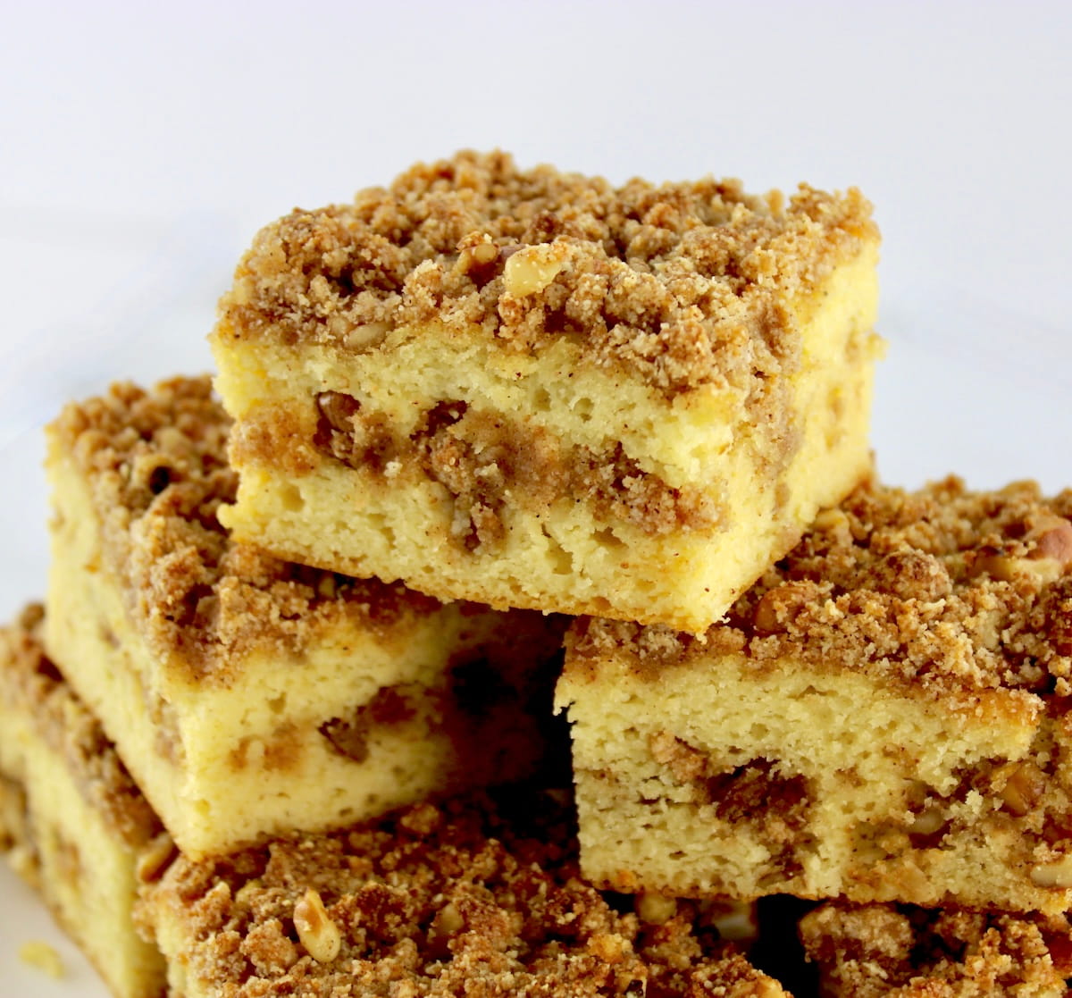 closeup of slices of Keto Coffee Cake stacked up