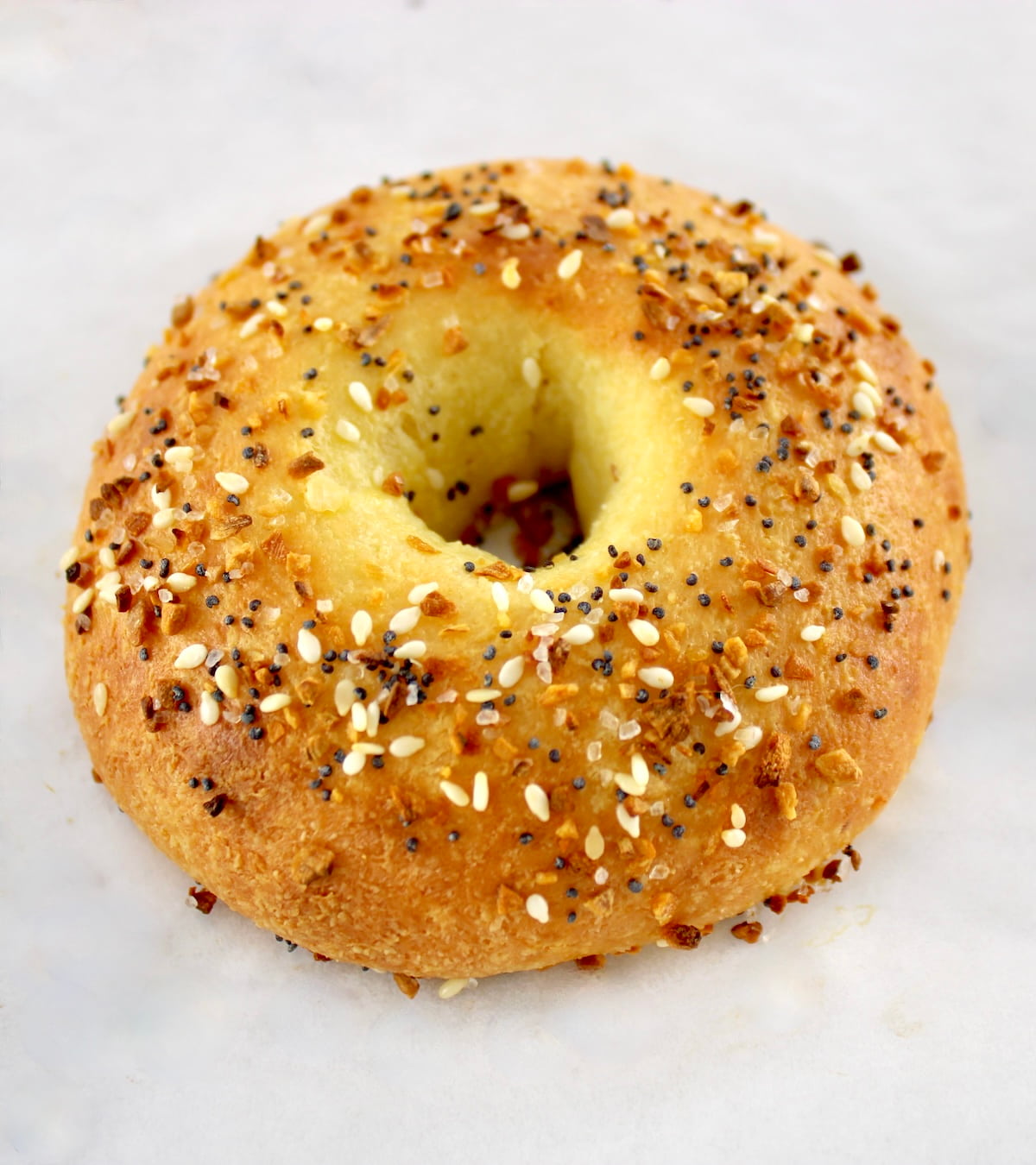 closeup of Keto Fathead Bagel with everything bagel seasoning