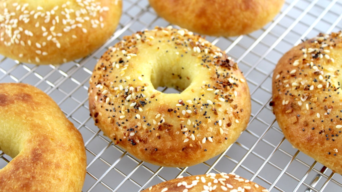 Keto Fathead Bagels on cooling rack