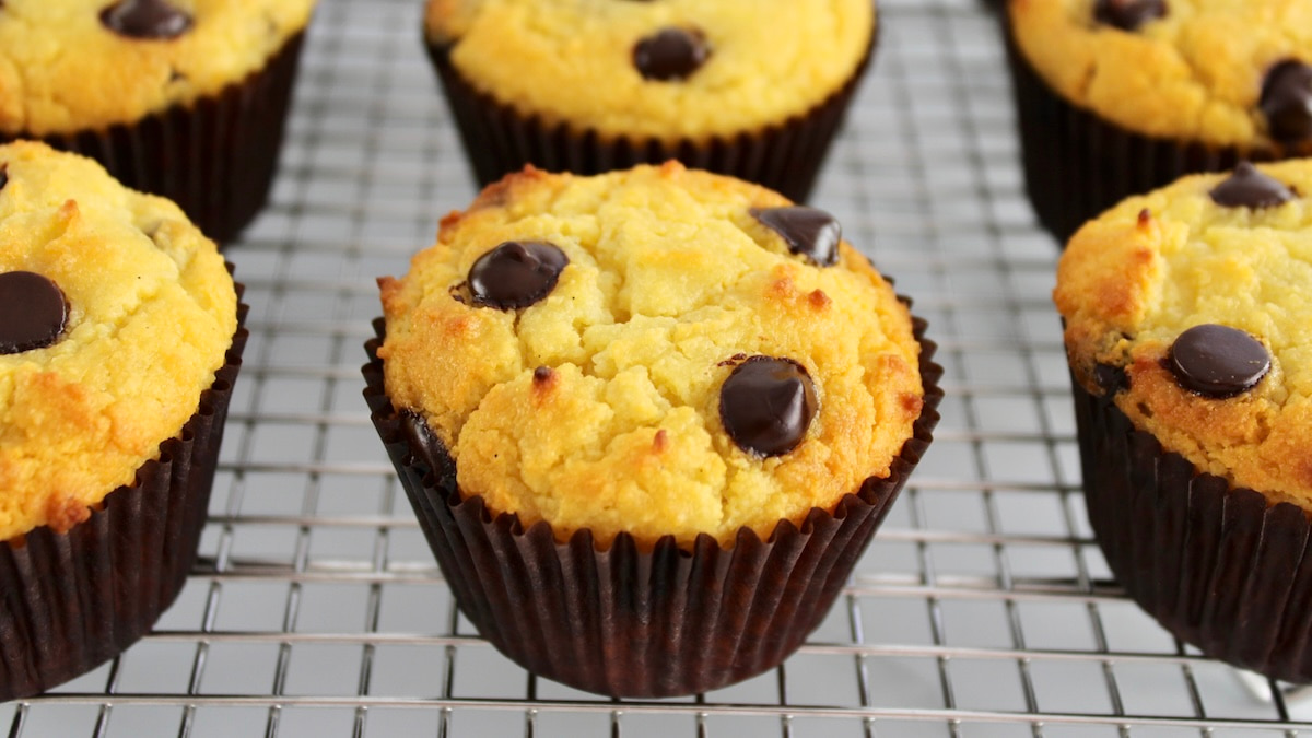 Ricotta chocolate chip muffins cooling on a wire rack