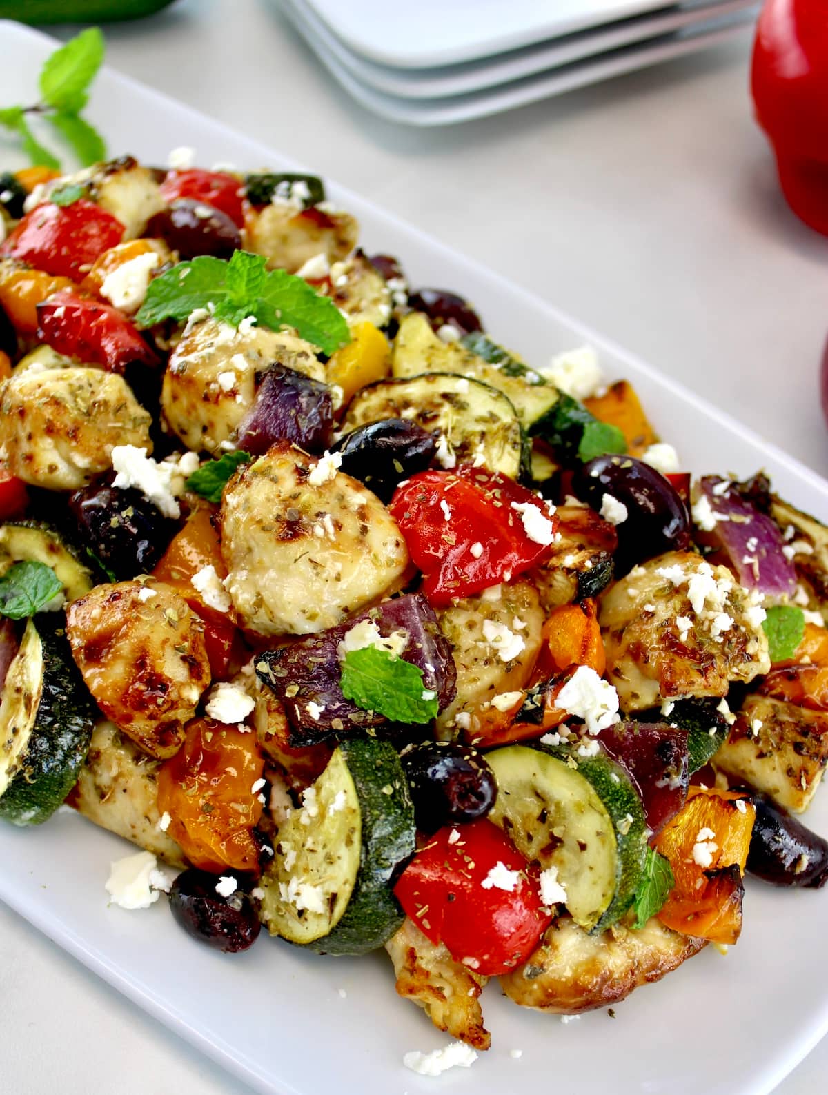 closeup of Air Fryer Greek Chicken Bites on white plate