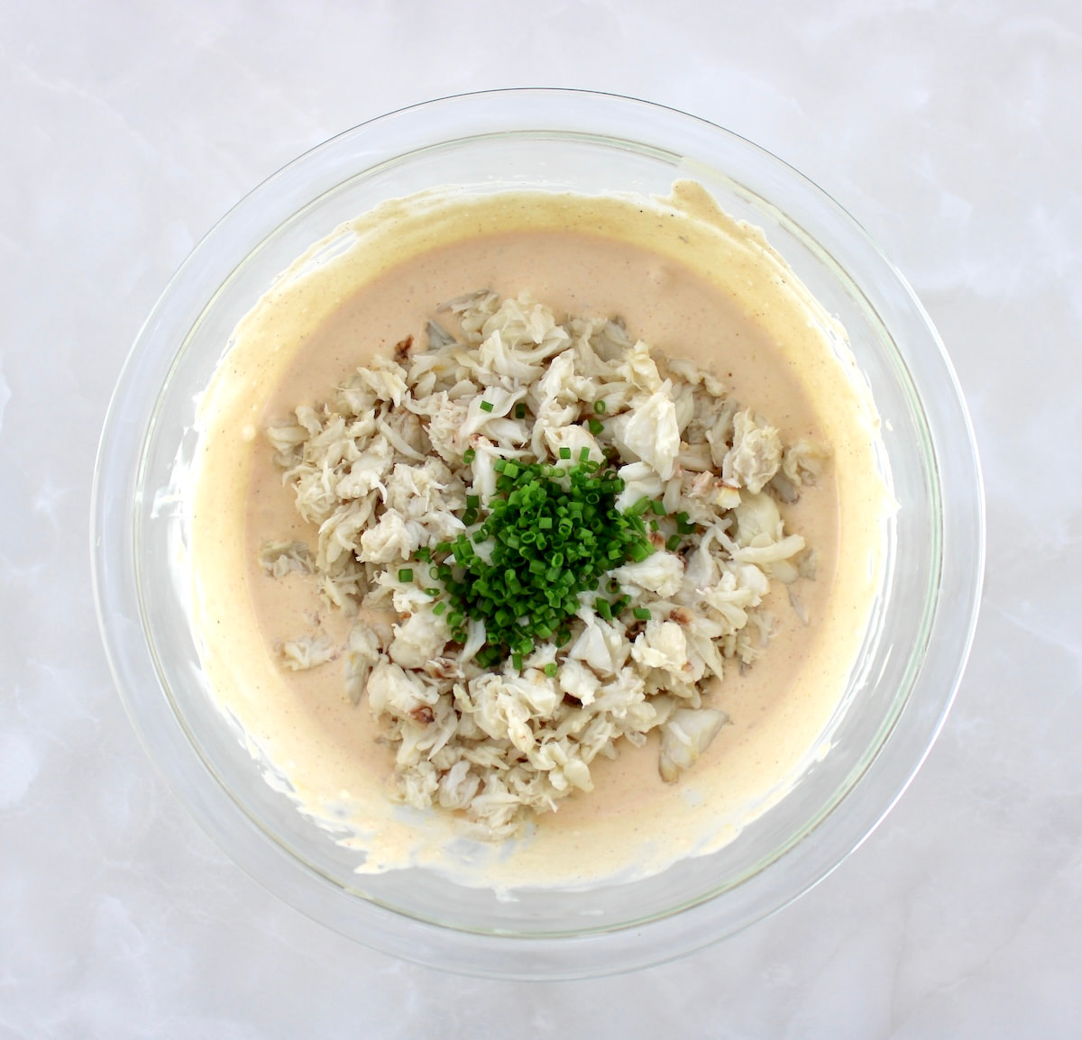 Cold Crab Dip in glass bowl unmixed