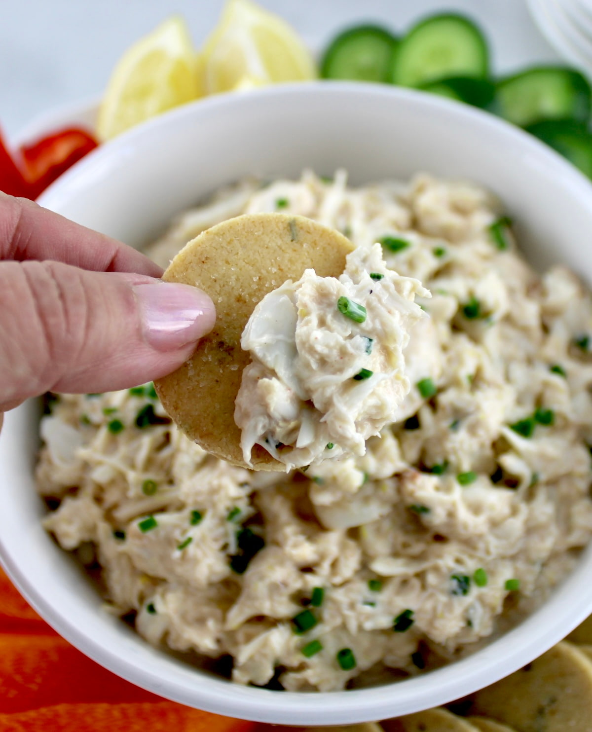 Cold Crab Dip in white bowl with keto cracker being dipped in