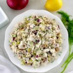 overhead view of Dill Pickle Chicken Salad in white bowl