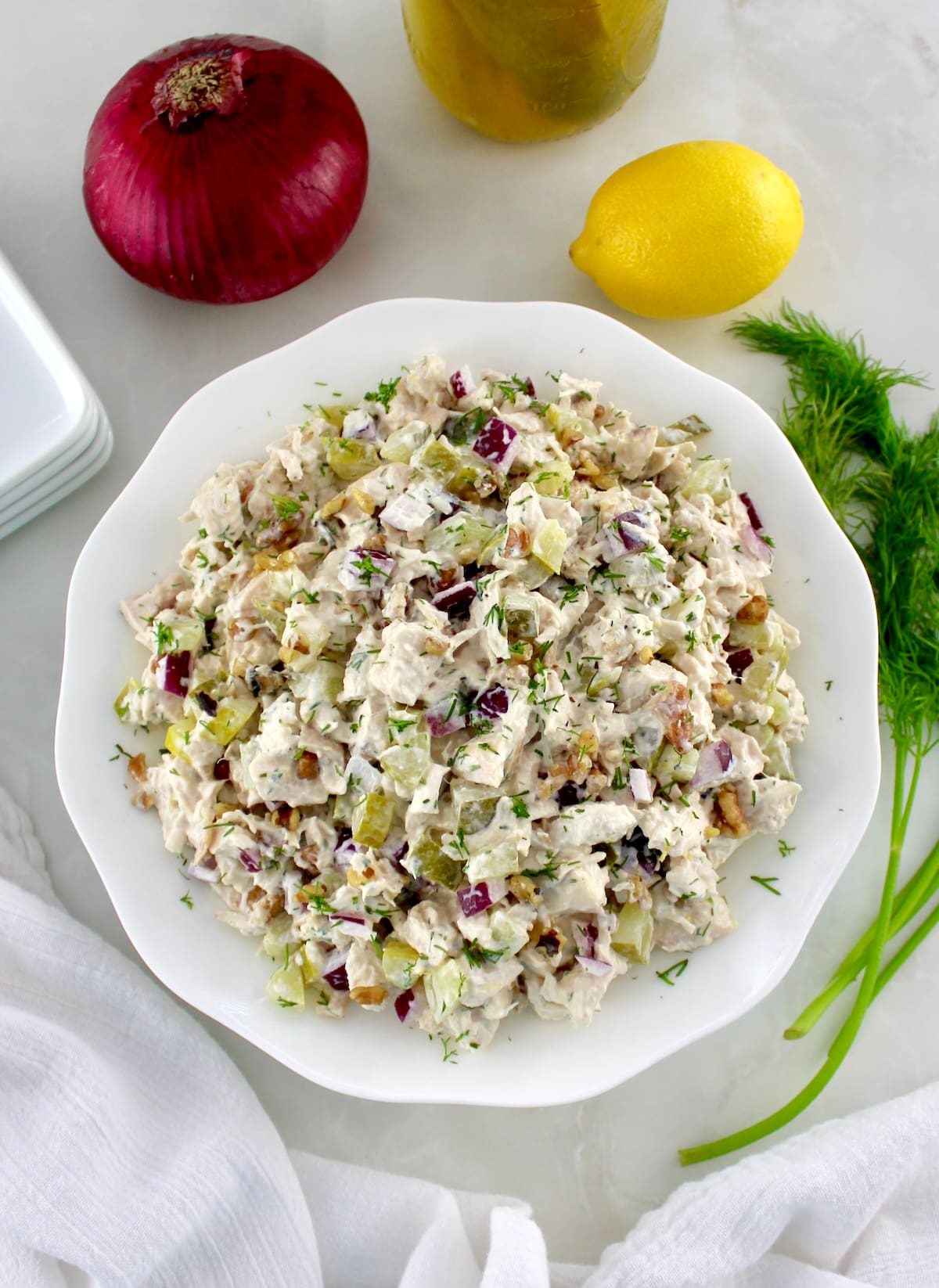 overhead view of Dill Pickle Chicken Salad in white bowl