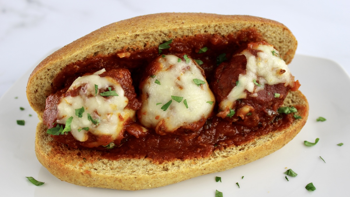 Keto Italian Meatball sub with 3 meatballs and cheese