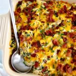 Bacon Ranch Chicken Casserole with silver serving spoon on side