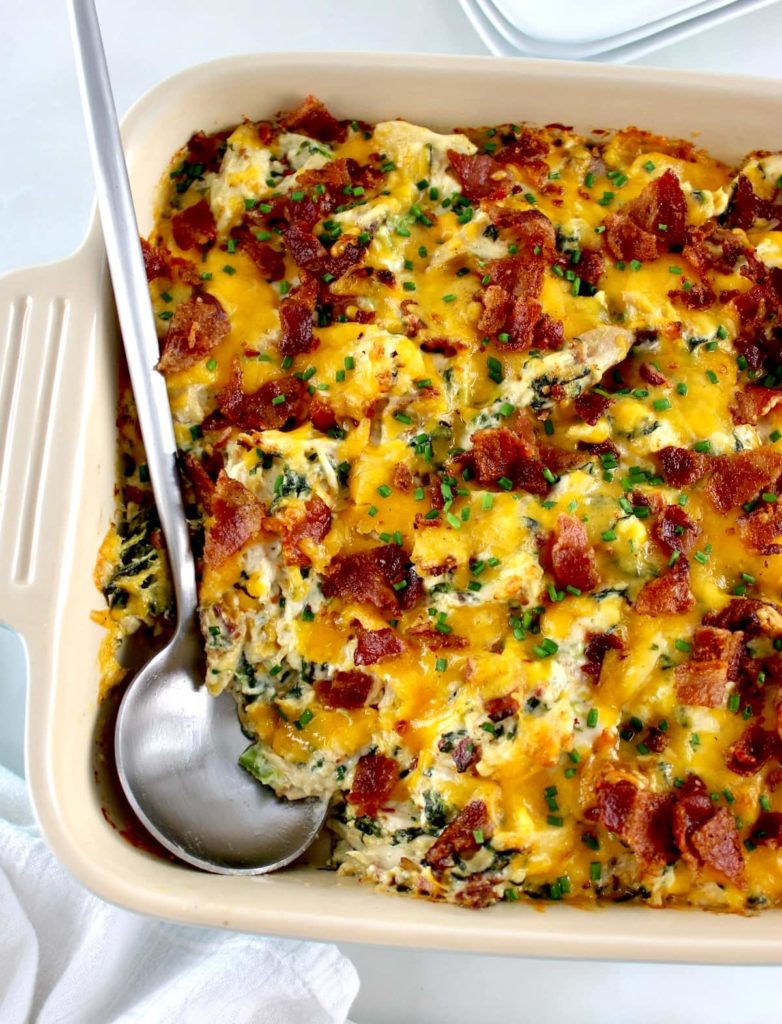 Bacon Ranch Chicken Casserole with silver serving spoon on side