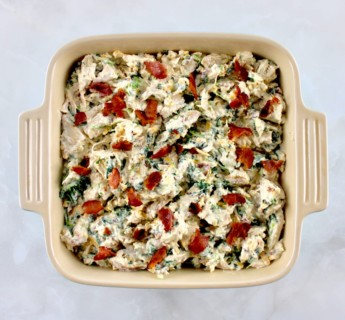 Bacon Ranch Chicken Casserole unbacked in baking dish