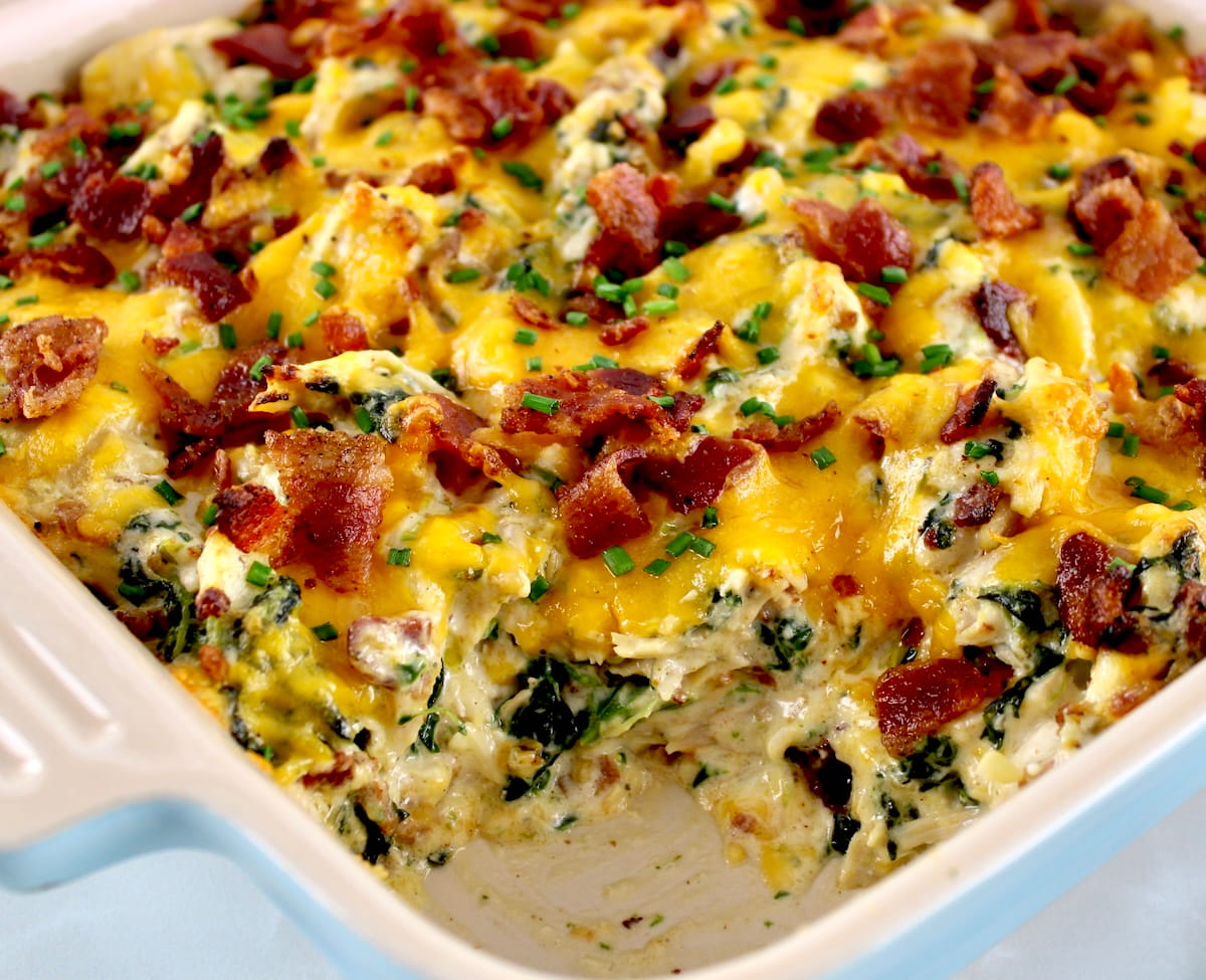 closeup of Bacon Ranch Chicken Casserole with piece missing