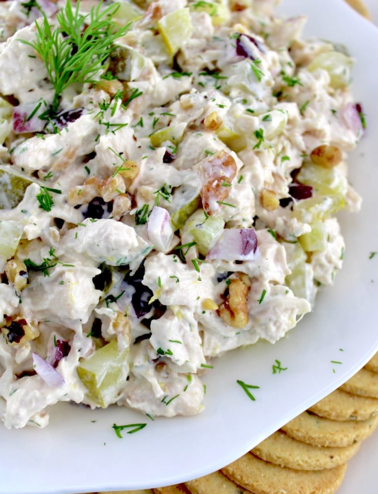 closeup of Dill Pickle Chicken Salad in white bowl