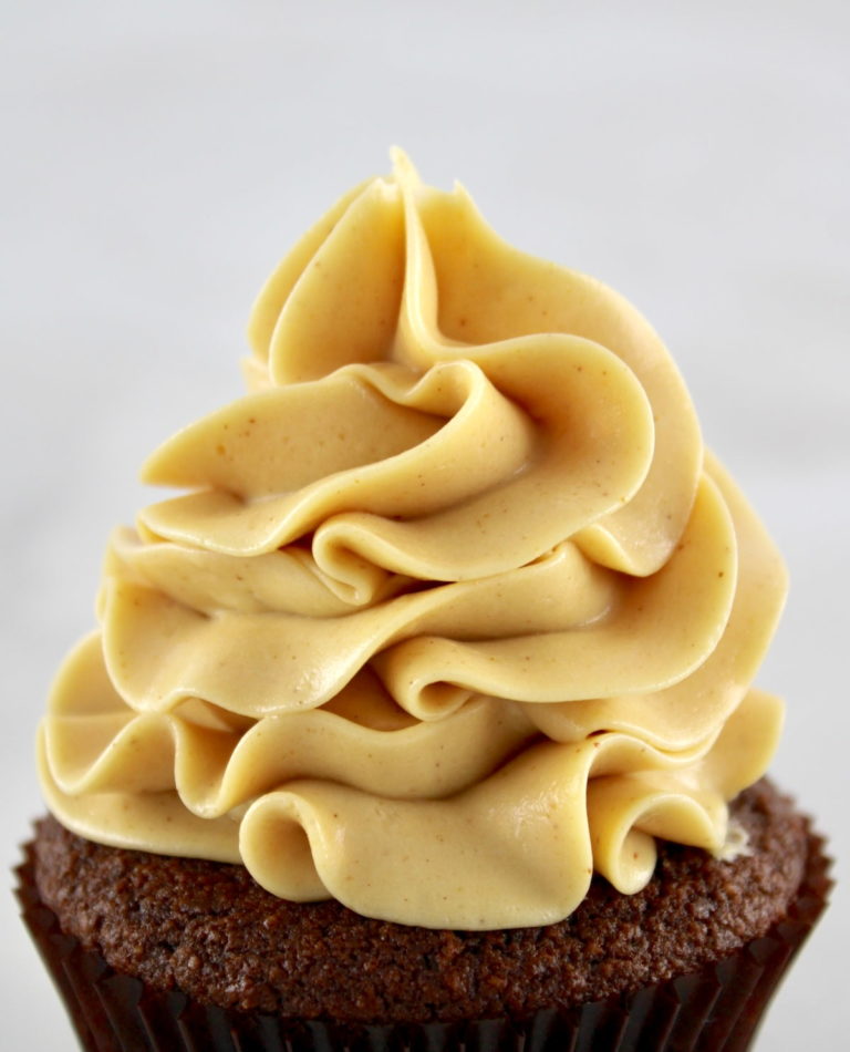 closeup of Peanut Butter Frosting on chocolate cupcake
