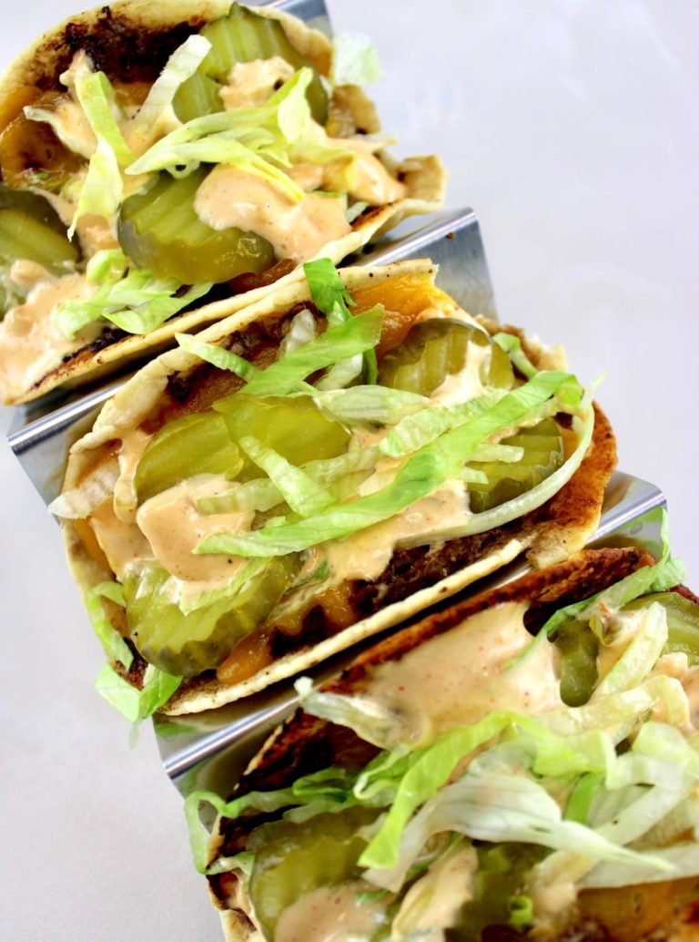 Keto Smash Burger Tacos in metal taco holder