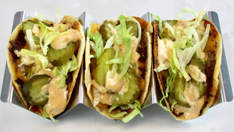 3 Keto Smash Burger Tacos in metal taco holder