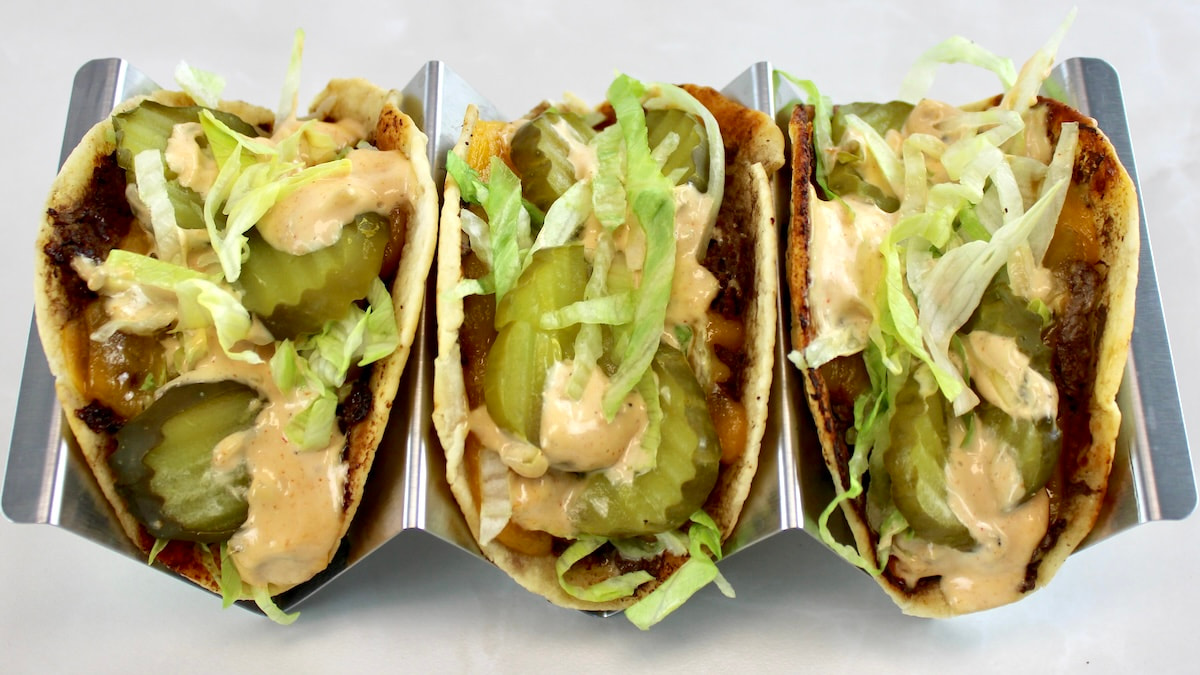 3 Keto Smash Burger Tacos in metal taco holder