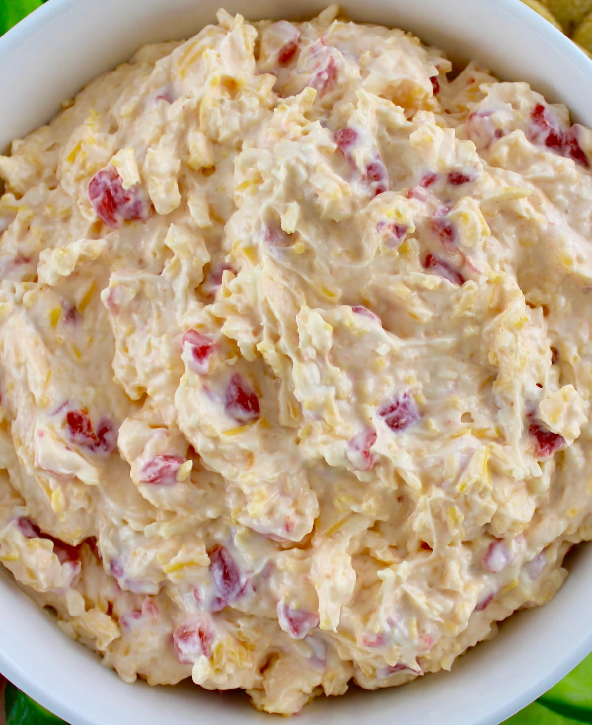 closeup of Pimento Cheese Spread in white bowl