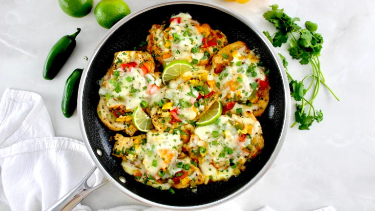 overhead view of Fiesta Chicken Skillet with chopped cilantro