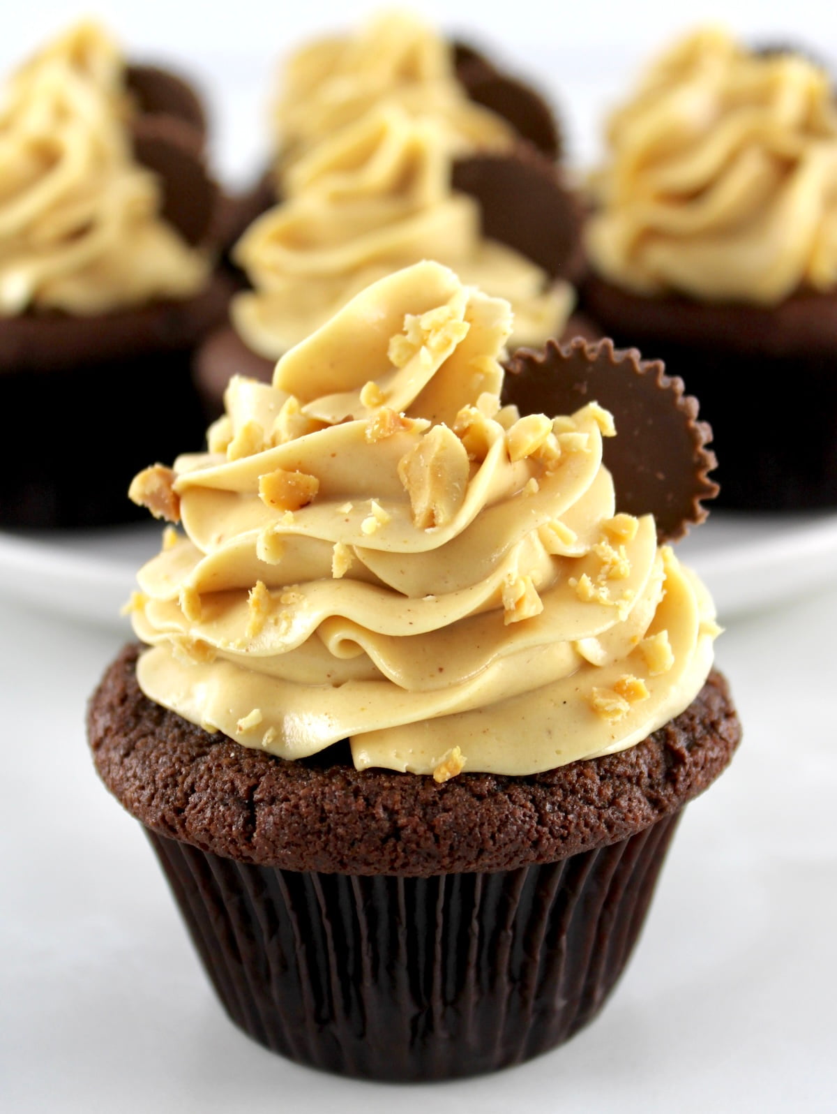 closeup of Keto Chocolate Cupcake with Peanut Butter Frosting