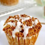 Keto Pumpkin Coffee Cake Muffin on white plate with icing drizzle on top