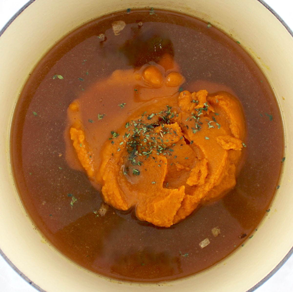 Easy Pumpkin Soup ingredients in pot unmixed