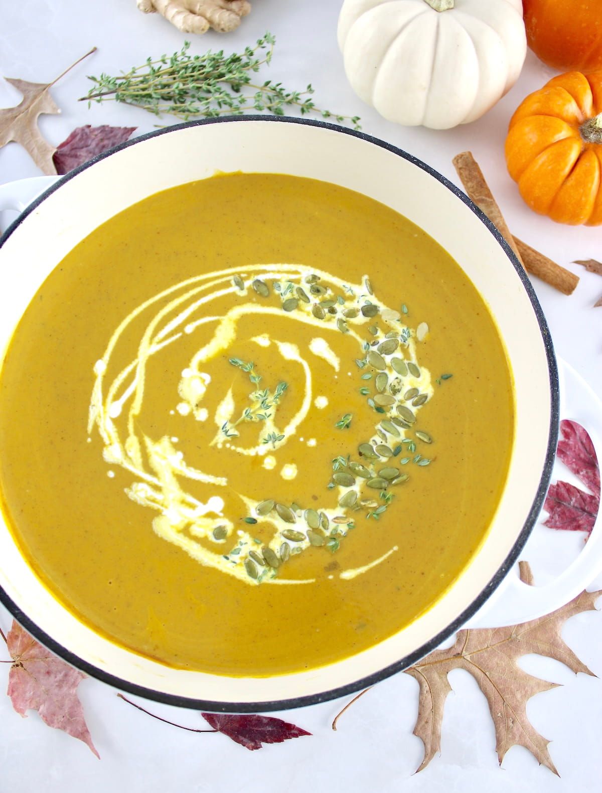 overhead view of Easy Pumpkin Soup in white pot