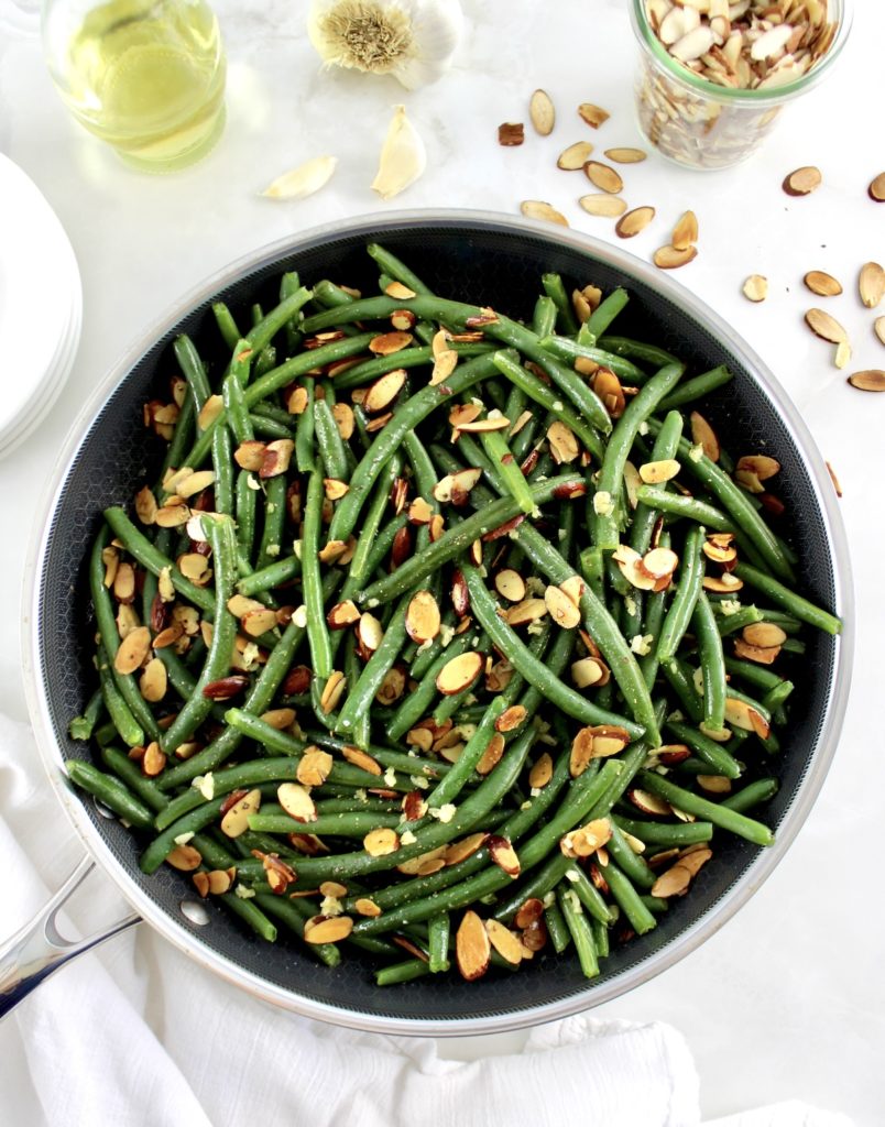 overhead view of Green Beans Almondine in skillet