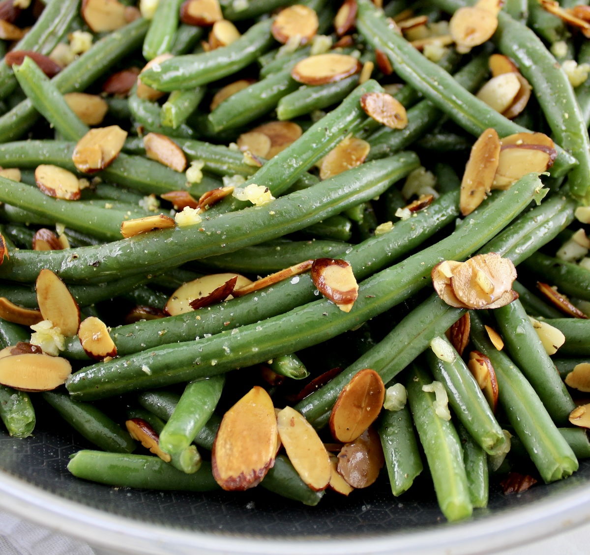 closeup of Green Beans Almondine in skillet