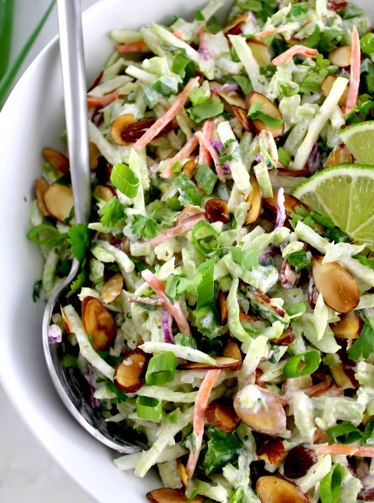 closeup of Lime Cilantro Broccoli Slaw in white bowl with silver serving spoon on side