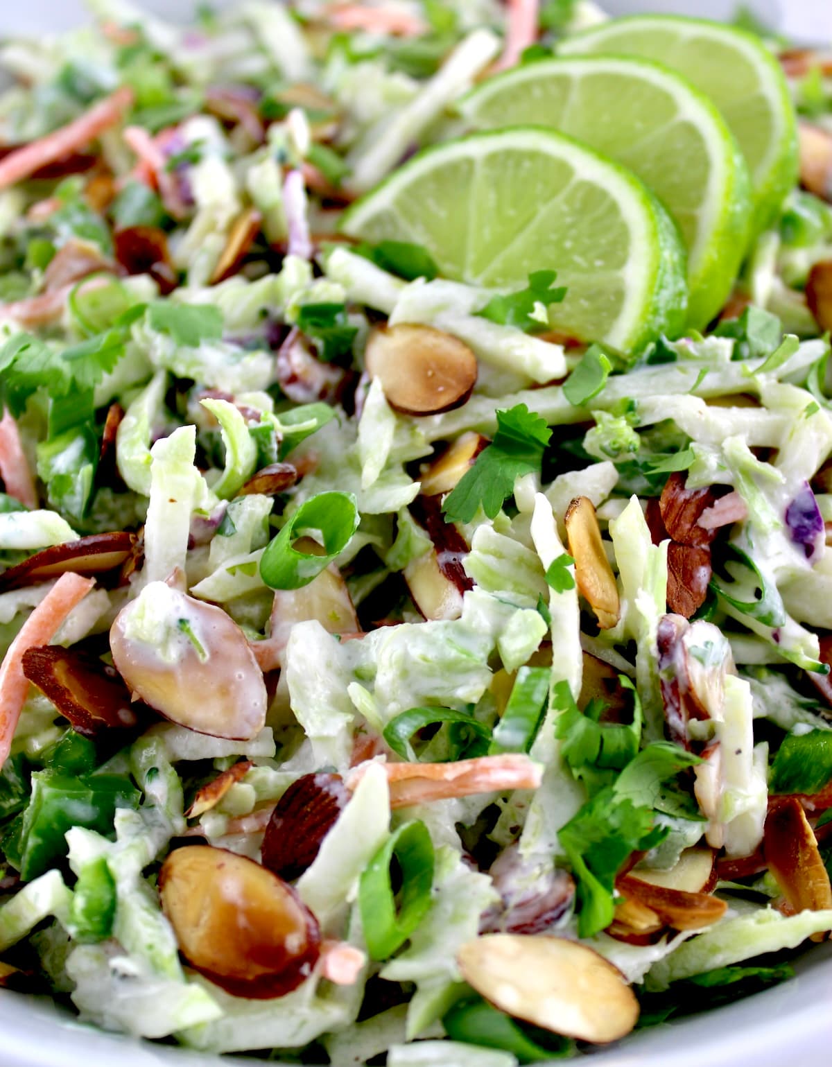 closeup of Lime Cilantro Broccoli Slaw with 3 lime slices on top