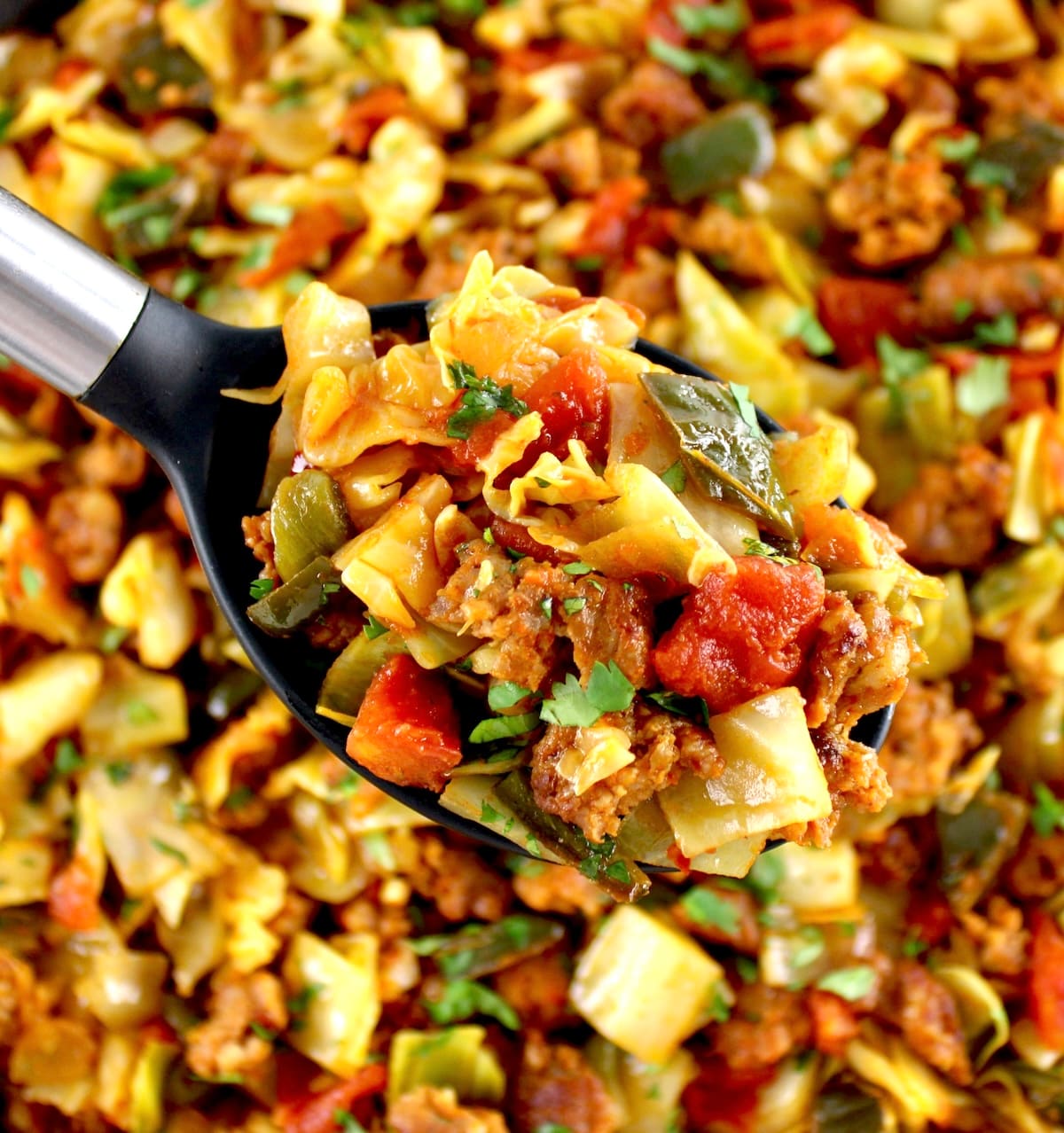 Mexican Chorizo and Cabbage in serving spoon