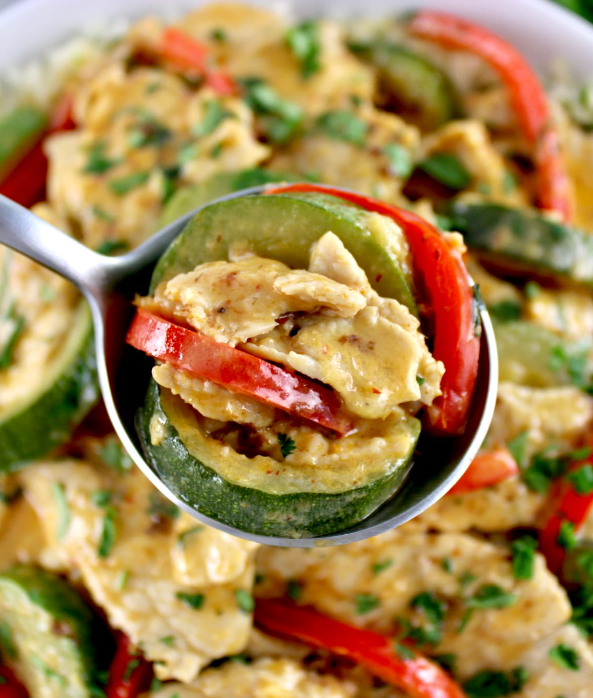 closeup of Thai Red Curry Coconut Pork in spoon