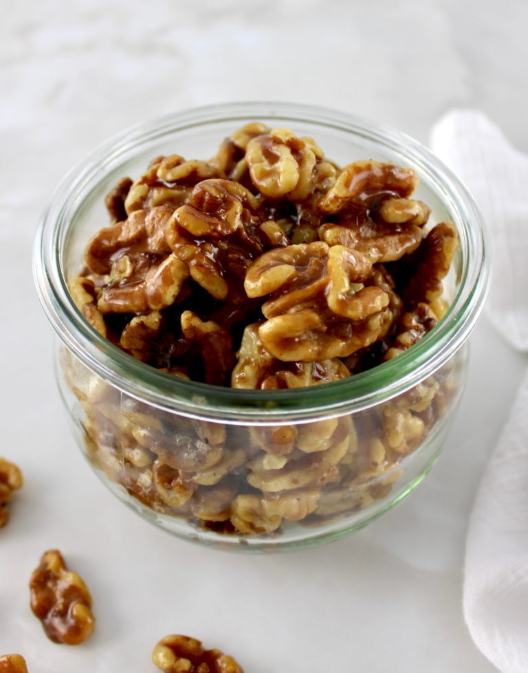 Candied Walnuts in open glass jar