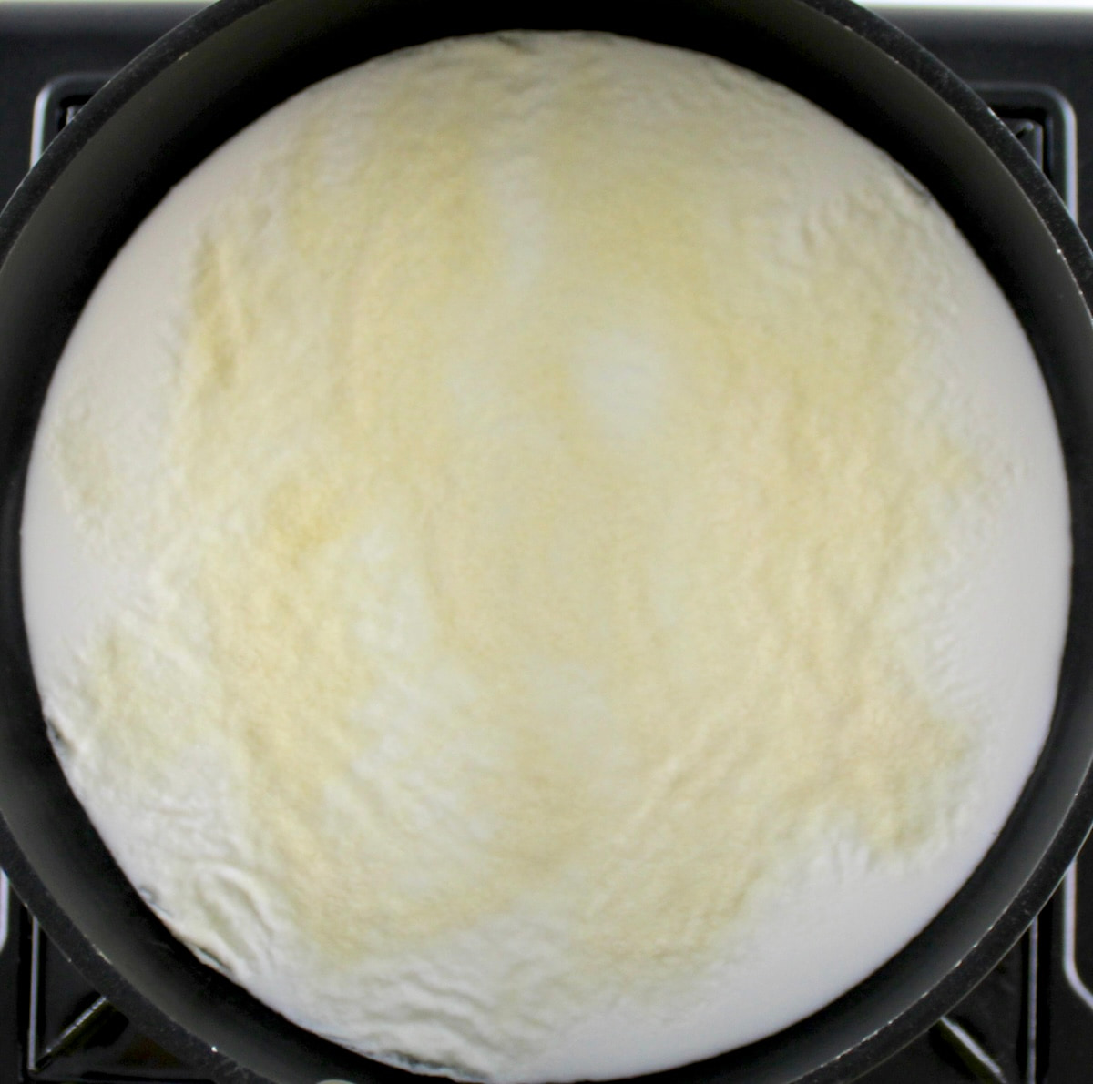 coconut milk in saucepan with gelatin on top