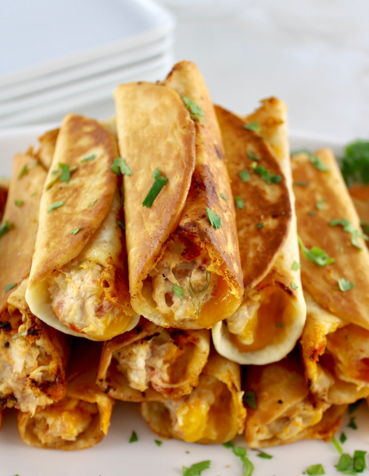 closeup of Mini Chicken Taquitos stacked up on white plate